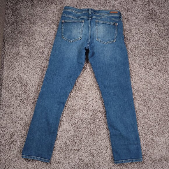 Pilcro Anthropologie Slim Boyfriend Jeans 27 Patterned Knee Patches FLAW - Picture 2 of 16